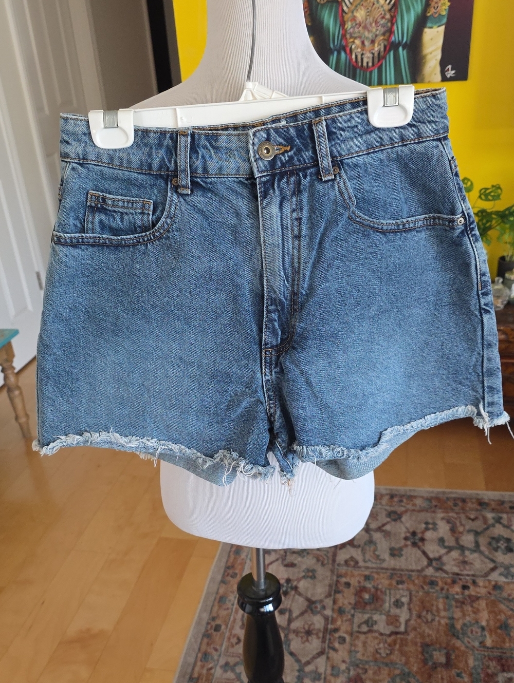 Cotton On Medium Blue High-Rise Frayed Hem Denim Shorts.
